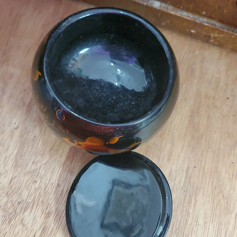 Black Lacquer Ware Wood Hand Painted Koi Fish Round Trinket/Jewelry Lidded Box